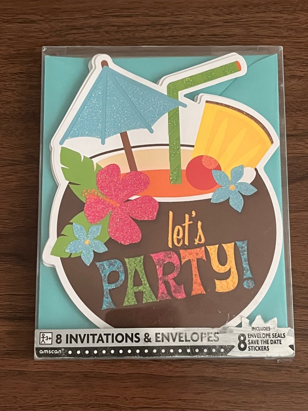 New Glitter Coconut Cup Luau Tiki Tropical Party Invitations 8 Pack